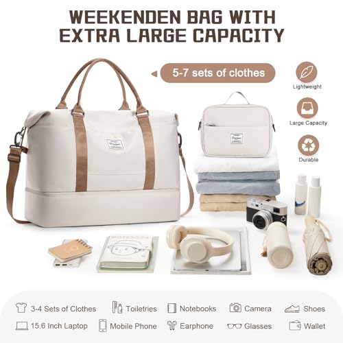 Travel Duffel Bag with Shoes Compartment,Weekender Bags for Women Travel - color: Beige & Brown, size: Extra Large