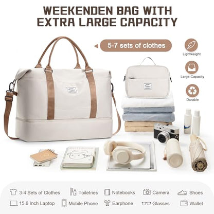 Travel Duffel Bag with Shoes Compartment,Weekender Bags for Women Travel - color: Beige & Brown, size: Extra Large