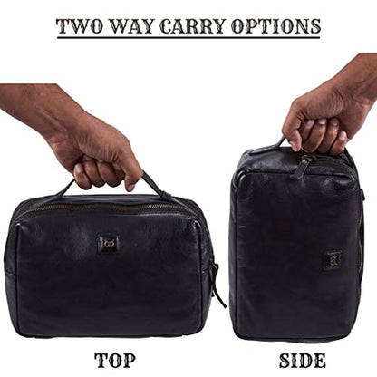 Leather Toiletry Bag Dopp Kit for Men Women Travel Shaving Pouch Organiser - color: Black