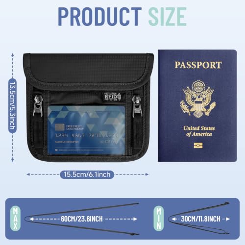 Travel Neck Wallet, RFID Blocking Hidden Passport Holder, Black - color: XS-Black