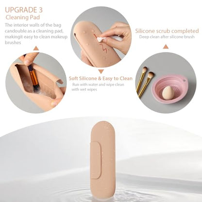 Silicone Makeup Brush Holder Set – Portable Travel Makeup Brush Holder with Makeup Sponge Holder and Foldable Cleaning Bowl – Upgraded 3-in-1 Cosmetic Organizer Set (khaki) - color: khaki