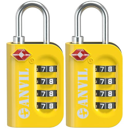 ANVIL TSA Approved Luggage Lock - 4 Digit Combination, 10,000 Combinations, Easy-Read Password Window, Travel Lock for Suitcases, Backpacks, Gym & Student Lockers, Baggage - color: YELLOW 2 PACK