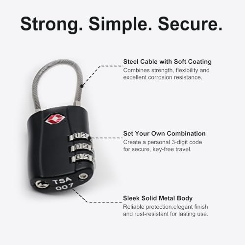 TSA Locks for Luggage, Small Padlock Combination with Cable, Luggage Locks TSA Approved, Combo Padlock with Code, for Travel Suitcase, Gym Locker, Gun Case, Backpack Zipper (Black+Black) - color: Black+Black
