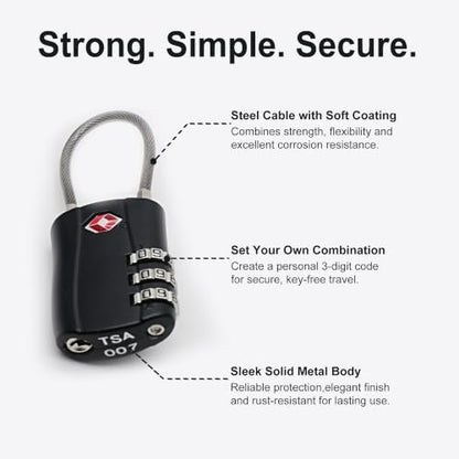 TSA Locks for Luggage, Small Padlock Combination with Cable, Luggage Locks TSA Approved, Combo Padlock with Code, for Travel Suitcase, Gym Locker, Gun Case, Backpack Zipper (Black+Black) - color: Black+Black