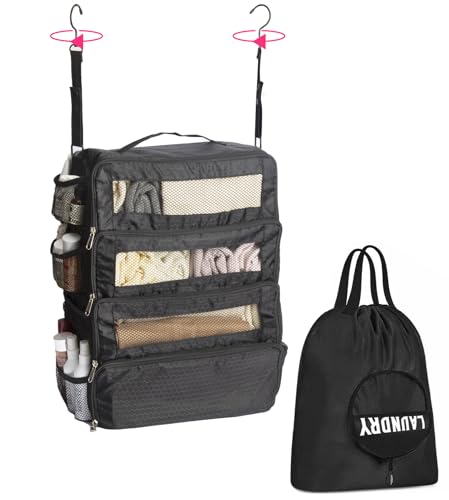 Hanging Suitcase Organizer with Laundry Bag, Travel Packing Cubes, Collapsible Portable Closet Shelves, Polyester, Black, Small