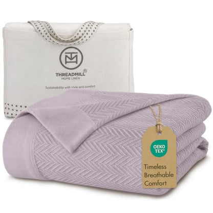 Threadmill Luxury 100% Cotton King Herringbone Blanket, Lilac - color: Lilac, size: King (106" x 92")