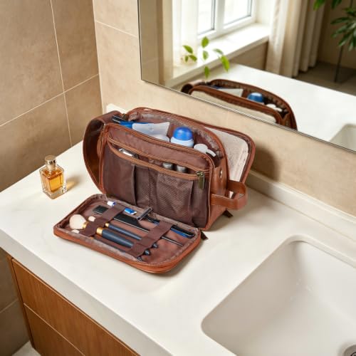 Mkono Men Toiletry Travel Bag PU Leather Hanging Shaving Dopp Kit Organizer