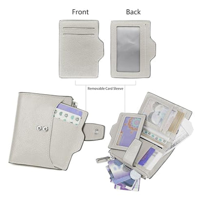 Women's RFID Blocking Leather Small Compact Bi-fold Zipper Pocket Wallet Card Case Purse with id Window - color: Lichee Grayish White