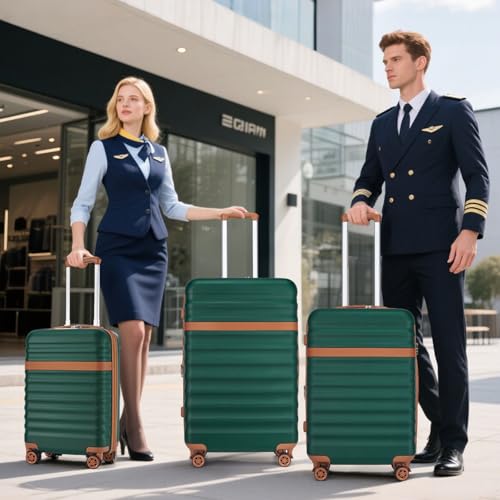 Kono Checked Luggage 24in Expandable Spinner TSA Lock ABS+PC Green - color: Green/Brown, size: Checked-medium 24-inch