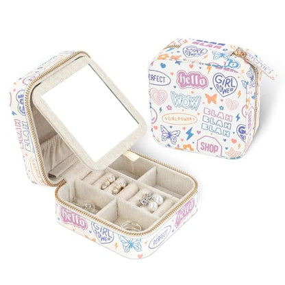 HDE Girls Travel Jewelry Case Organizer with Mirror Small Ring Storage Teen - color: Girly Stickers