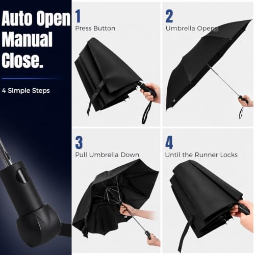 Collapsible Windproof Umbrella Travel - 42inch Auto Open & Manual Close - color: 01.Black