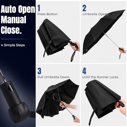 Collapsible Windproof Umbrella Travel - 42inch Auto Open & Manual Close - color: 01.Black
