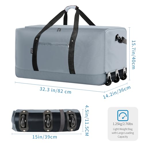 Finnhomy 120L Foldable Rolling Duffel Bag with 3 Wheels, Light Weight Travel Duffel bag with Large Loading Capacity, 32'' Rolling Duffel bag with Shoulder Strap - color: Grey