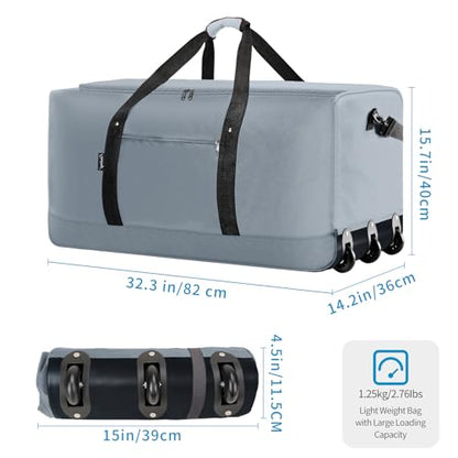 Finnhomy 120L Foldable Rolling Duffel Bag with 3 Wheels, Light Weight Travel Duffel bag with Large Loading Capacity, 32'' Rolling Duffel bag with Shoulder Strap - color: Grey