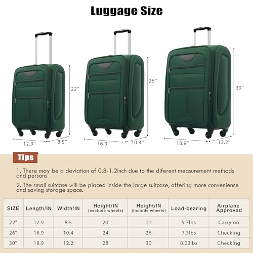Softside Luggage Set 3 Piece Expandable Spinner Suitcases with Duffel Bag, 22/26/30 in, Lightweight Travel Luggage