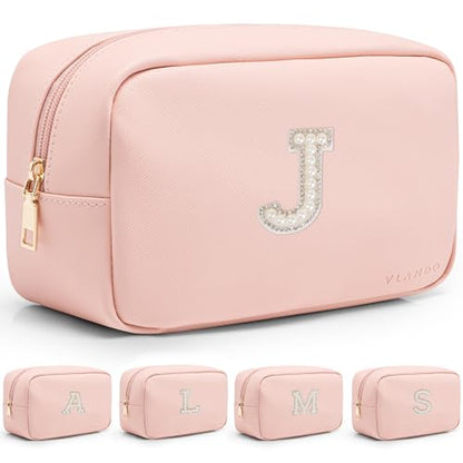 VLANDO Makeup Bag Travel with Pearl Monogram Patch,Pink J - color: 03-Pink-J