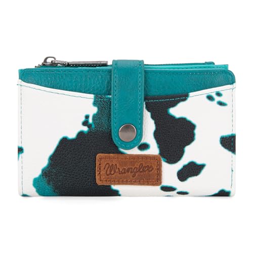 Wrangler Wallet for Women Bifold Card Holder with Zipper and ID Window - color: Cow Print - Light Turquoise