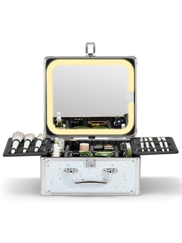 Qislee Makeup Box with Detachable Magnetic LED Mirror, Travel Train Case - color: Snow White, size: Small