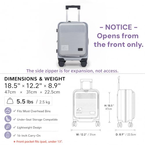 16" Underseat Luggage, Front Opening Carry On, Silver - color: Silver