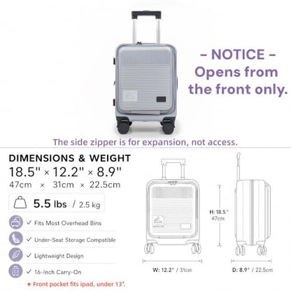 16" Underseat Luggage, Front Opening Carry On, Silver - color: Silver