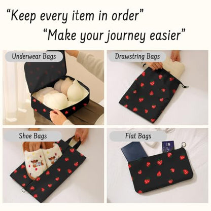 9 Set Packing Cubes for Travel Essentials - Lightweight Carry-On Luggage Organizer Bags with Shoe, Clothes & Laundry Bags for Airplane, Family & Business Travel, Black strawberry - color: Black strawberry