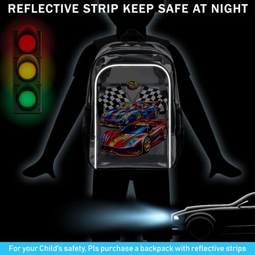 HPJGD Reflective Safety Kids Clear Backpack, 3PCS Transparent Bookbag Set for Boys, Heavy-Duty See Through School Bag for Elementary Students - Race Car Black - color: Cool Uv Racing Car Black Clear Backpack