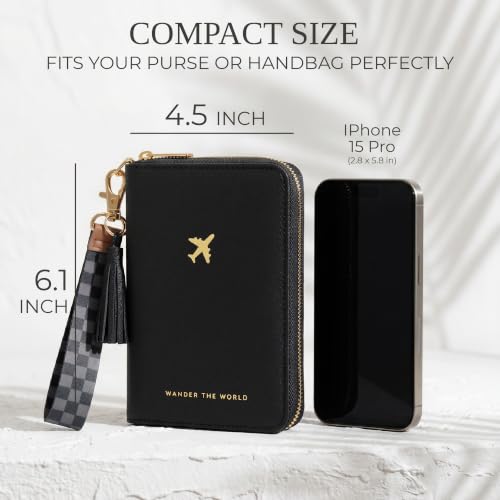 Beautiful Passport Holder And Travel Wallet with Wristlet Strap - color: Black