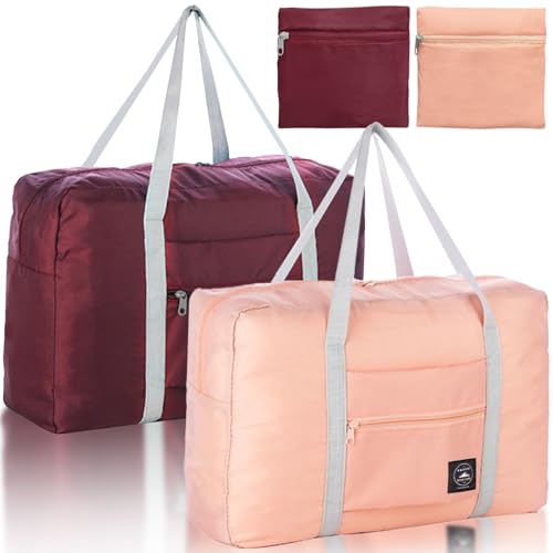 Foldable Travel Duffel Bag 2PCS Tote Carry on Luggage Bag Spirit Airlines Personal item Sports Gym Bag Water Resistant Weekender Overnight Bags for Women and Men (Pink+Red) - color: Pink+Red