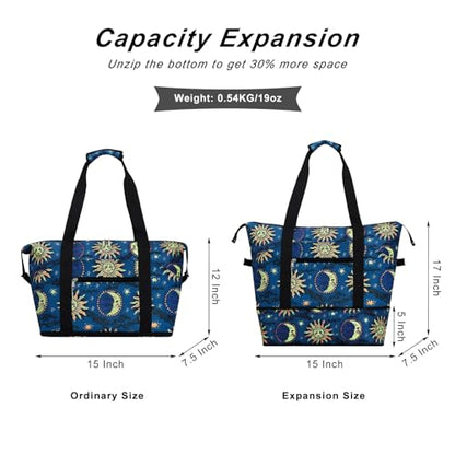 Expandable Duffel Bag for Women with Trolley Sleeve/Wet Pocket Weekender Travel Tote Large Carry On Overnight Luggage - color: Sun and Moon