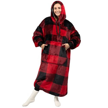 PAVILIA Blanket Hoodie for Women Red, Sherpa Wearable Blanket Men, Cozy Oversized Sweatshirt Blanket, Warm Fleece Hooded Blanket Sweater with Sleeves and Giant Pocket, Adult Long, Plaid Red - color: Plaid Red
