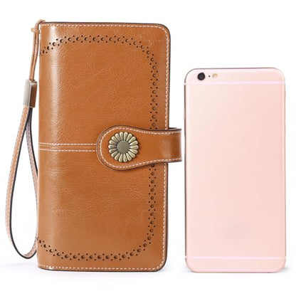 SENDEFN Wallets for Women Leather Credit Card Holder with RFID Blocking Large Capacity Wristlet - color: 1-Wax-Brown-1