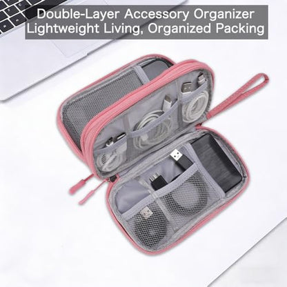 Universal Cable Organizer - Electronics Accessories Bag for USB Drives, Power Adapter, Earphones, Cords etc, Double Layer, Pink