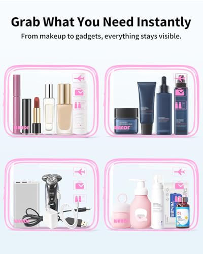 WANDF TSA Approved Toiletry Bag, 2 Pack Clear Makeup Bag - color: Pink Pack of 2, size: Pack of 2