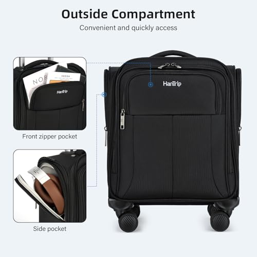 HanTrip 16 Inch Underseat Small Carry On Luggage with Spinner Wheels, Black - color: Black
