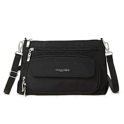 Baggallini Original Everyday 11x7.5 Crossbody Bags Rfid Protected Lightweight Nylon Zippered Travel Purse - color: Black With Sand Lining, style: Slim Strap
