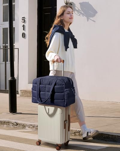 BAGSMART Gym Bag for Women, 2-PC Puffer Travel Duffle Bag Carry On Tote Bag - color: Navy Blue