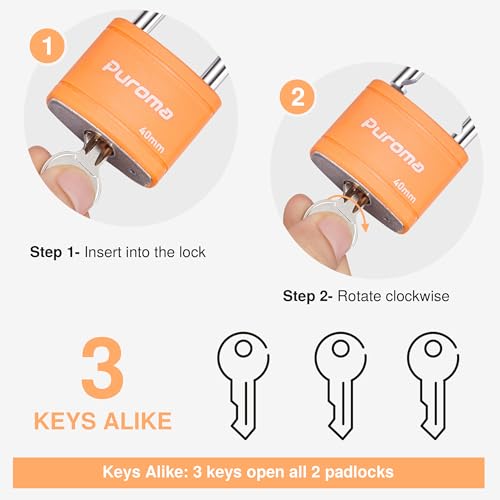 Puroma 2 Keyed Padlock with 3 Keys 7/8" School Locker Lock Gate 40mm Orange - color: Orange