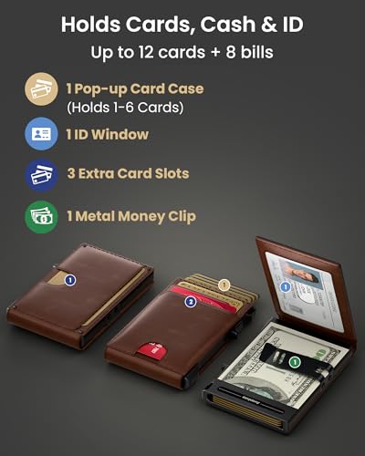 Wallet for Men Card Holder: Pop Up Card Case, Genuine Leather, Smart, RFID Blocking, Slim, Minimalist, Thin, Front Pocket - 12 Card Capacity, ID Window, Money Clip (Brown) - color: Brown
