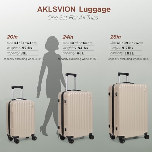 3-Piece Hardside Luggage Set ABS+PC Spinner Suitcase(Beige) - color: Beige, size: Large
