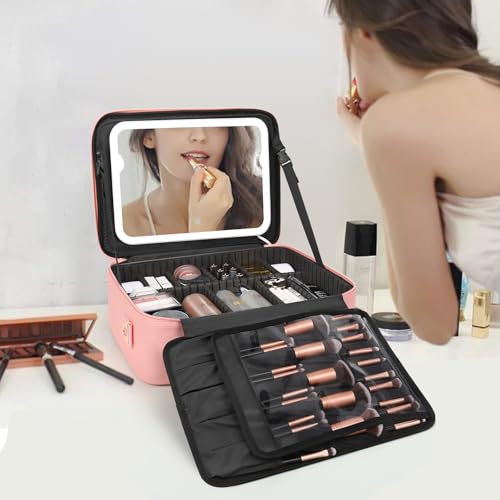 Chomeiu Makeup Bag with LED Mirror, Large Cosmetic Bag with Shoulder Strap - color: 01-Pink, size: Large
