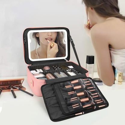 Chomeiu Makeup Bag with LED Mirror, Large Cosmetic Bag with Shoulder Strap - color: 01-Pink, size: Large