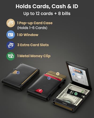 Wallet for Men Card Holder: Pop Up Card Case, Genuine Leather, Smart, RFID Blocking, Slim, Minimalist, Thin, Front Pocket - 12 Card Capacity, ID Window, Money Clip (Black) - color: Black