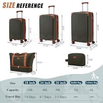 KUNEL Luggage Sets 5 Piece, Hardshell Expandable Suitcase, 20/24/28inch - color: Olive