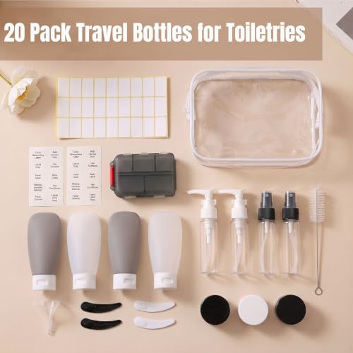 20 Pack Travel Bottles for Toiletries, Travel Containers with Pill Case - color: Dark Color A