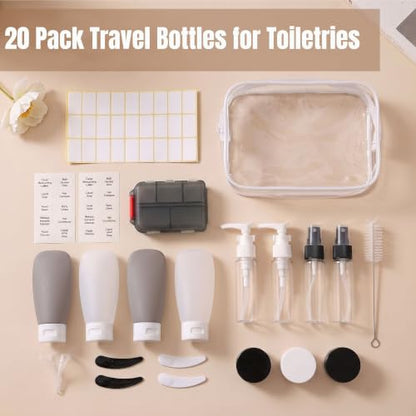 20 Pack Travel Bottles for Toiletries, Travel Containers with Pill Case - color: Dark Color A