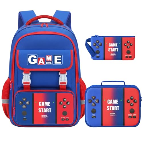 School Backpacks for Boys - 3PCS Gamer Boys Backpack with Lunch Box Set for Kids Teens, Multifunctional Bookbag for Elementary Middle School Students, 17″ Video Game Travel Bag Ages 6-18 - color: Fg-red-blue-backpack Set