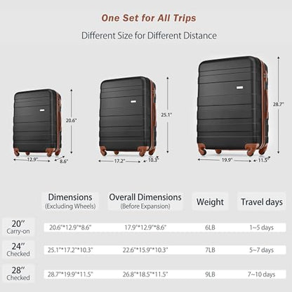 Luggage Sets, 3 Pcs Hardside Lightweight Suit case with Spinner Wheels & Lock - color: Brown Black, size: 20/24/28 Inch