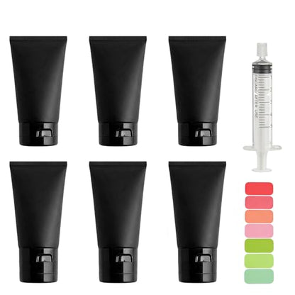6 Pack Matte Black Empty Travel Squeeze Bottles with Flip Cap, Filling Tool & Label Stickers, Leak Proof Refillable Plastic Soft Tubes for Shampoo Lotion Toiletries Toothpaste Cosmetic (50ML/1.7oz)