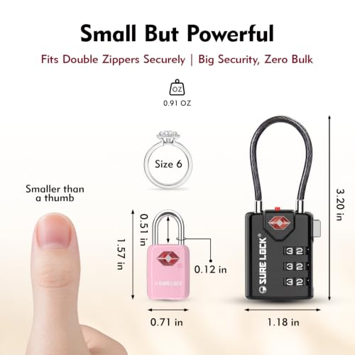 SURE LOCK Mini TSA Approved Keyed Luggage Lock – One Key Opens All, Fits Tight Zipper Gaps & Small Pull Holes, Compact Travel Lock for Suitcases, Backpacks & Handbags - color: 4 COLOR LOCKS