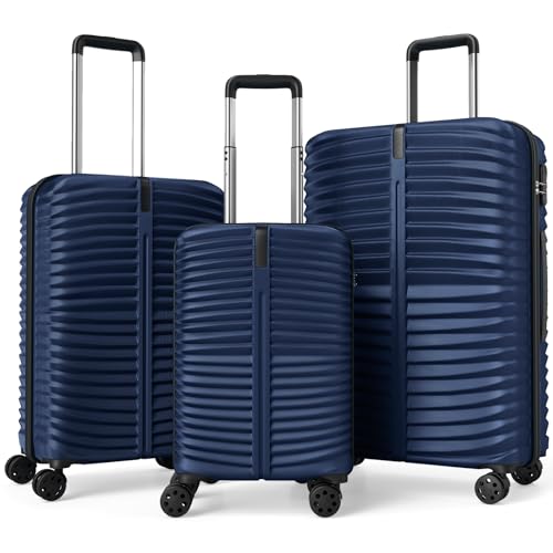 GYMAX Luggage Sets 3 Pieces Hardside Suitcase with Spinner Wheels & Lock, 20” Carry On, 24” & 28” Checked Luggage Set, Lightweight Portable for Travel, Business (Navy,Pin Stripe) - color: Navy, style: Pin Stripe